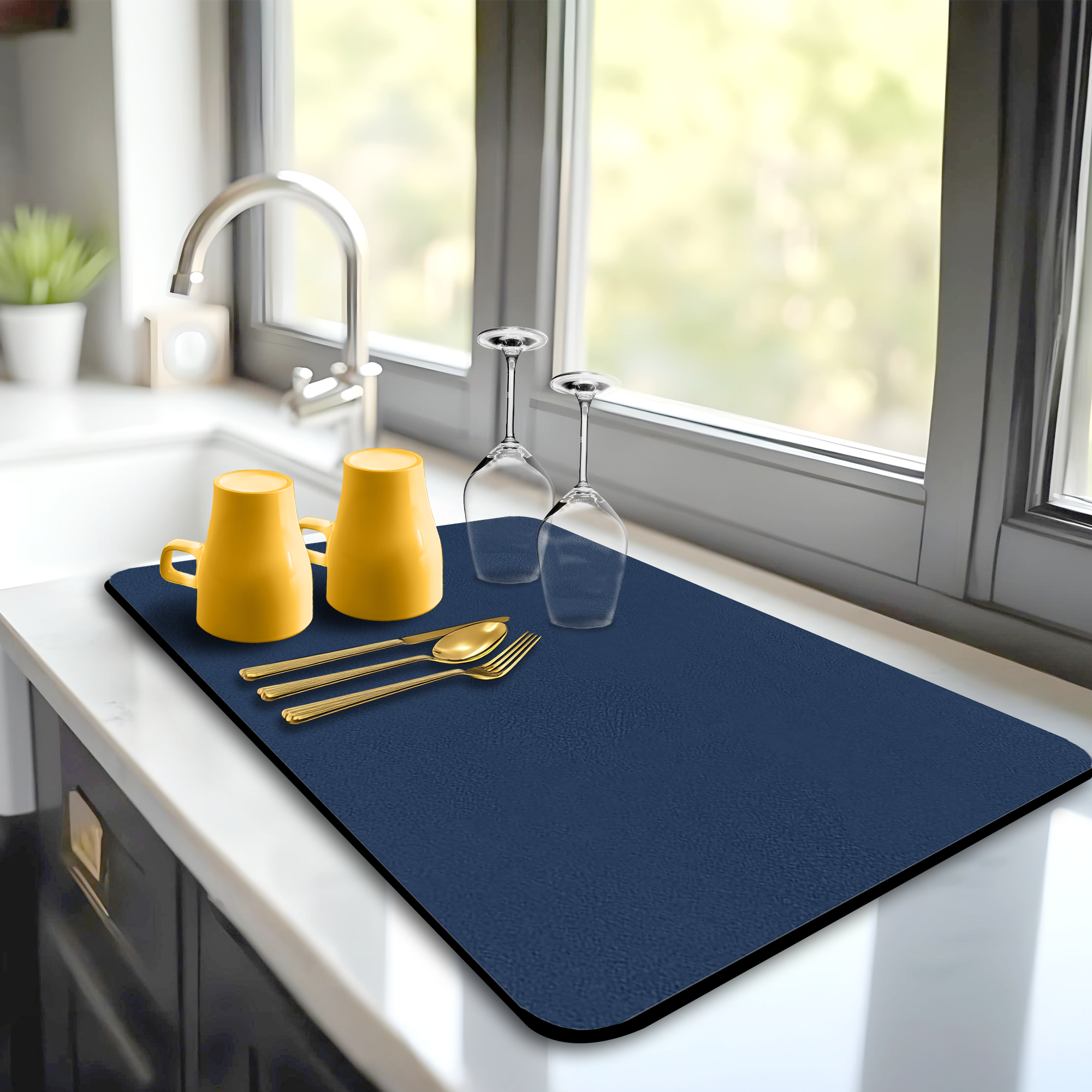Navy Dish Drying Mat – Super Absorbent, Quick Dry Kitchen Counter Mat – Non-Slip & Easy to Clean | Strabella
