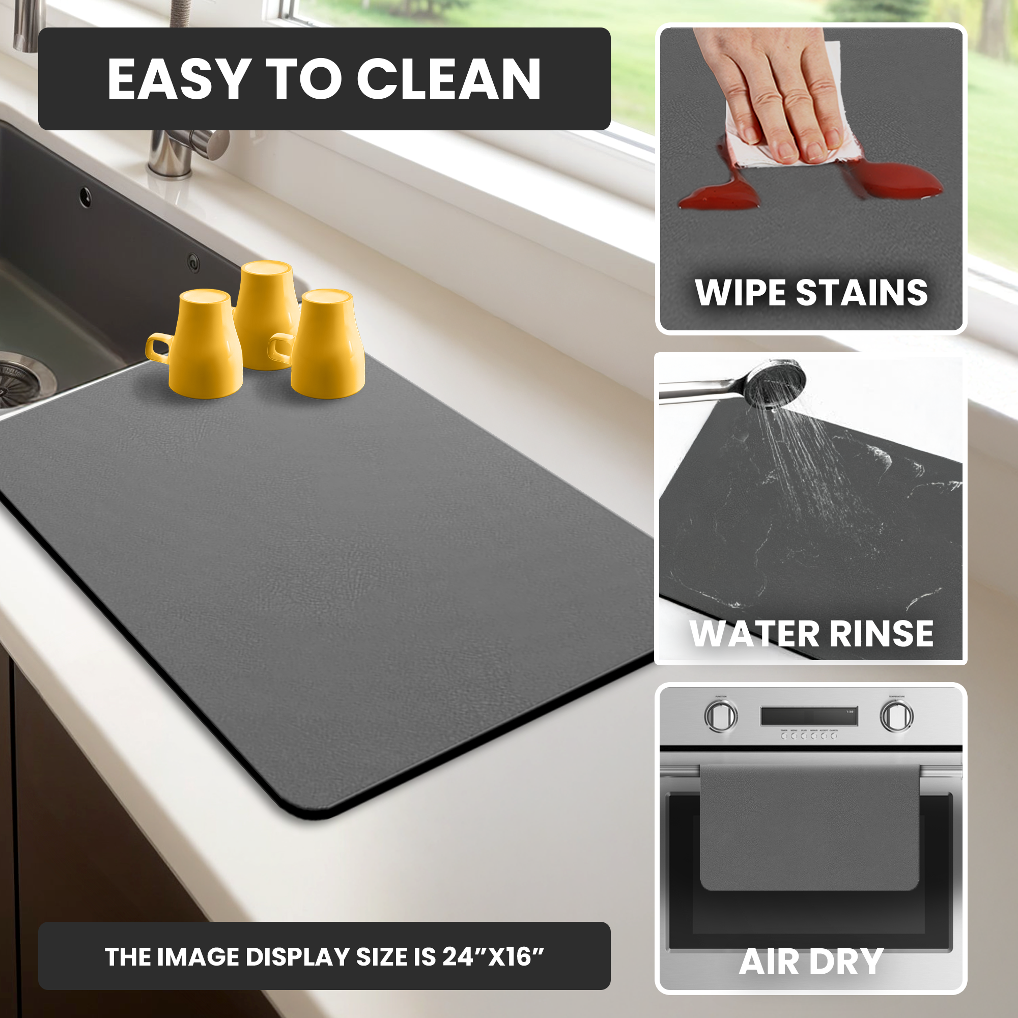 Dark Gray Dish Drying Mat – Absorbent Quick Dry Kitchen Counter Mat – Non-Slip & Easy to Clean | Strabella
