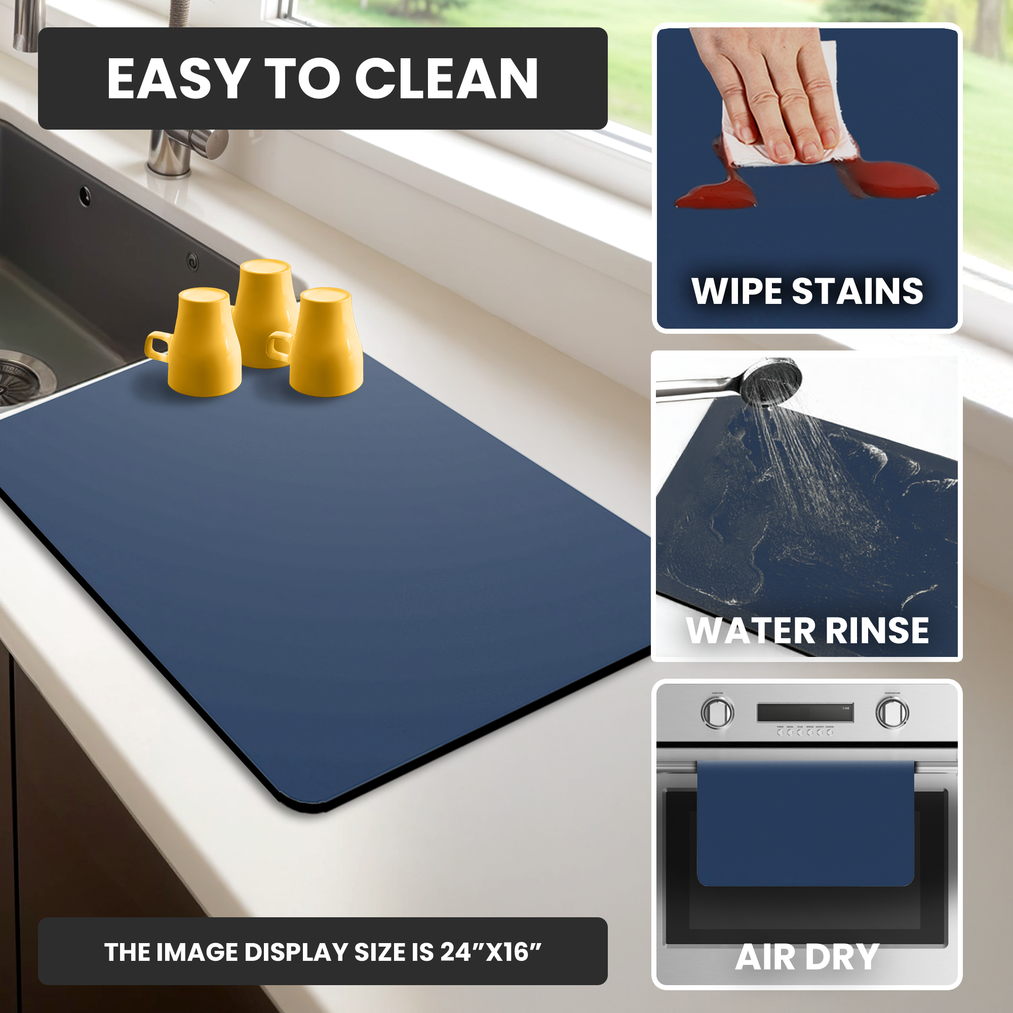 Navy Dish Drying Mat – Super Absorbent, Quick Dry Kitchen Counter Mat – Non-Slip & Easy to Clean | Strabella